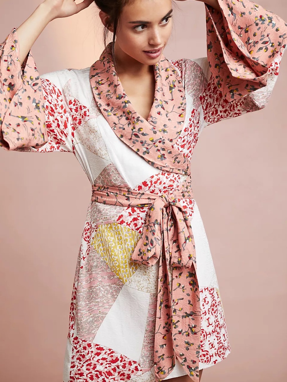Anthropologie Floreat Effie Peach Floral Patchwork Wrap Mini Kimona Robe